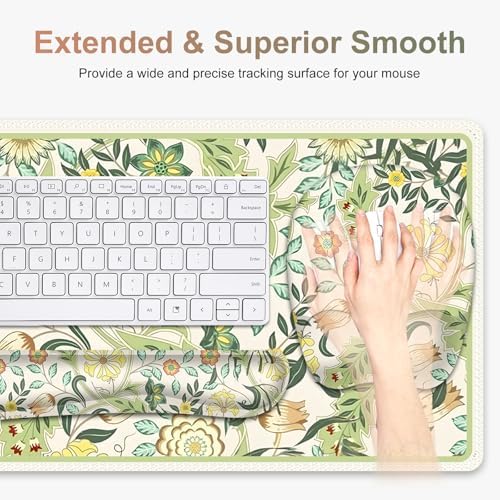 4 in 1 Large Mouse Pad, Keyboard Wrist Rest Set, Ergonomic Mouse Pad with Wrist Support, Desk Mat with Stitched Edges Extended Desk Pad Waterproof Desk Mat for Home Office Game I Green Flower Plants - Image 2