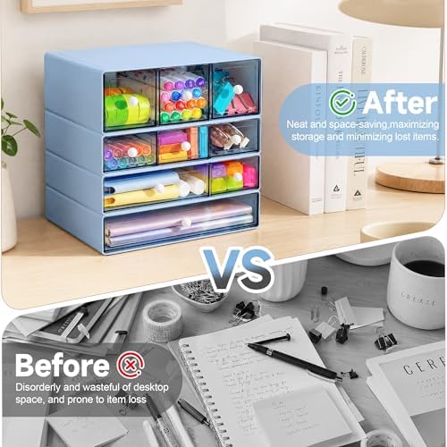 Desk Organizer with 9 Drawers, 4 Tiers Stackable Storage Drawers, Desktop Storage Box with Clear Drawers for Stationery, Makeup, Jewelry, Office and Craft Supplies (Blue) - Image 6