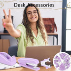 Office Supplies,Purple Desk Accessories,Stapler and Tape Dispenser Set for Women with Stapler,Tape Dispenser,Staple Remover,Staples,Clips,Scissors and Tabs,Gift for Student,Teacher,Coworkers,Business - Image 4