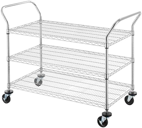 Finnhomy 3-Tier Commercial Grade Rolling Cart, Heavy Duty Utility Carts with Wheels and Handles, Kitchen Trolly on Wheels, Metal Serving Shelves with 700 lbs Capacity, Shelf Size 24" D x 48" W, NSF by Finnhomy
