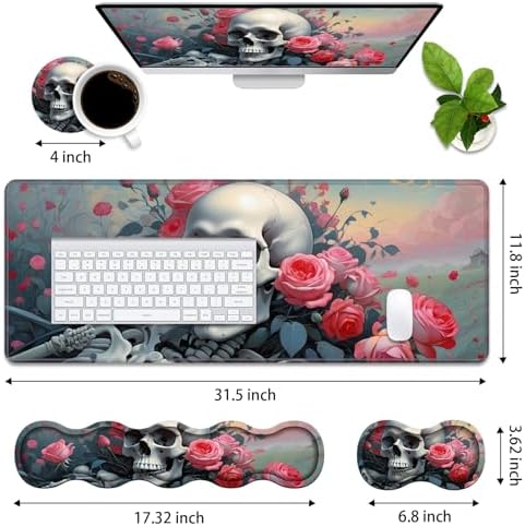 4 in 1 Ergonomic Memory Foam Mouse Pad Wrist Rest Set, Large XXL Gaming Desk Pad + Keyboard Wrist Rest + Mouse Wrist Cushion + Coaster for Home Office Study Gaming, Skull Roses - Image 2