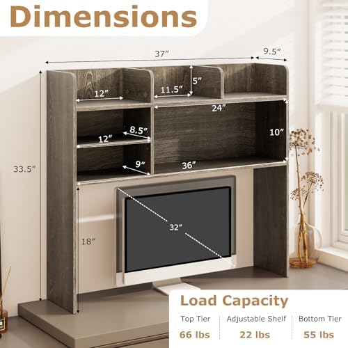 BECOMFORT Desk Hutch, Desk Organizer Shelf w/ 6 Storage Compartments, up to 32” Monitor, Wooden Display Rack, Desktop Bookshelf for Vanity Dressing Tabletop College Dorm Home & Office - Image 3
