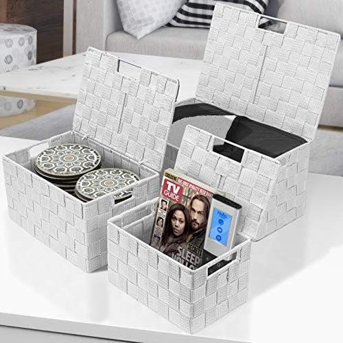 Sorbus Storage Basket with Lid, 3-Piece Woven Set for Shelves (White) - Image 2