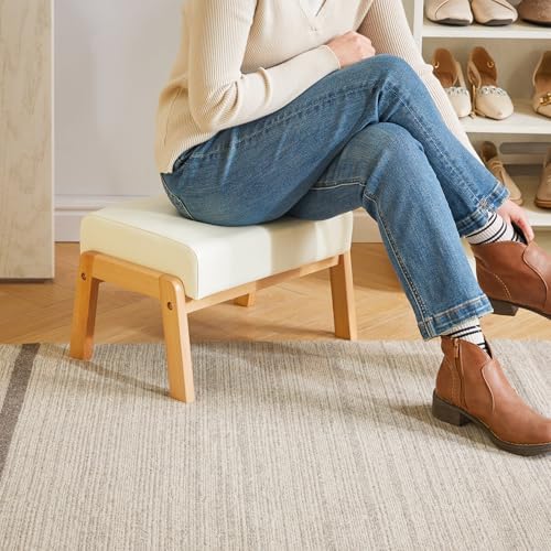IBUYKE Small Footstool Ottoman, PU Faux Leather Footrest, White WBD013W - Image 2