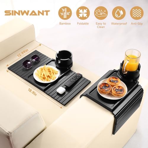 SINWANT Couch Armrest Table,Bamboo Folding Couch Cup Holder Tray,Black - Image 5