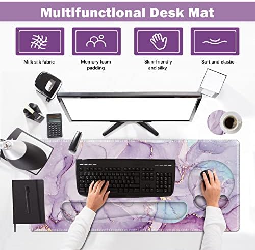 ARTSO Large Mouse Pad Ergonomic Keyboard Wrist Rest Support Set, Memory Foam Gel Wrist Pad, Extended Desk Mat Protector, Non-Slip Desk Blotter, Purple Blue Marble - Image 2