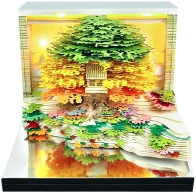 3D Memo Pad Time Piece Calendar 2027, 3D Tear-Off Art Desk Calendar 2027, Creative 3D Memo Pad Paper Art Tree House DIY Paper Carving Decoration (Flowering Tree Island-Green) by PTAEXCEL