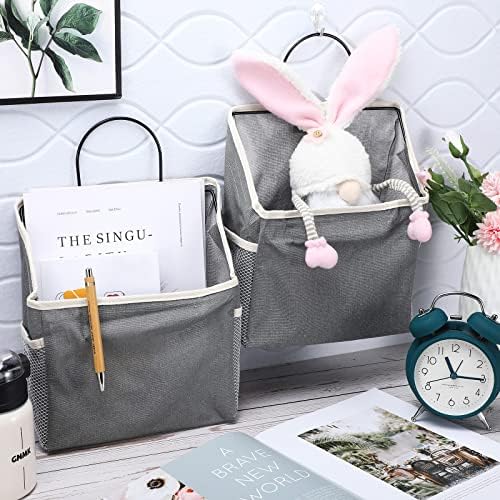 Woanger 12 Pcs Wall Hanging Storage Bag Wall Hanging Organizer Bag Over The Door Closet Basket Containers Bins with Hooks Pockets for Bedroom Bathroom, 15 x 4.3 x 8.7''(Gray) - Image 2