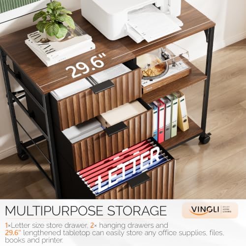 VINGLI 3 Drawer Mobile File Cabinet Printer Stand, Fluted Filing Cabinet with Open Storage Shelves Adjustable, Rolling Lateral Fabric Filing Cabinet for Home Office, Fits Letter Size, Walnut - Image 4
