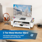 Wood Metal Monitor Stand Riser, Laptop Stand for Desk, Office Desk Organizer and Accessories, Computer Desktop Shelf with Drawer and Pen Holder, Printer Stand for Home, Office, Dorm (White Wood) - Image 2