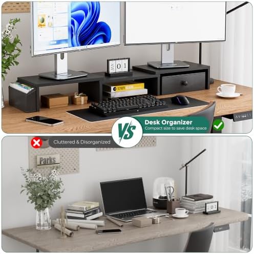 Dual Monitor Stand Riser, Adjustable Length & Swivel Angle Monitor Stand, Ergonomic Monitor Stand with Drawer & Side Pockets, Desktop Organizer and Office Desk Accessories, Black - Image 5