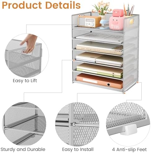 Subekyu 6 Tier Paper Organizer for Desk with Handle, Metal Mesh Desk Office File Folder Paper Letter Tray Accessories Organizer Sorter for Home, School, Office Desktop Document Organization - Silver - Image 5