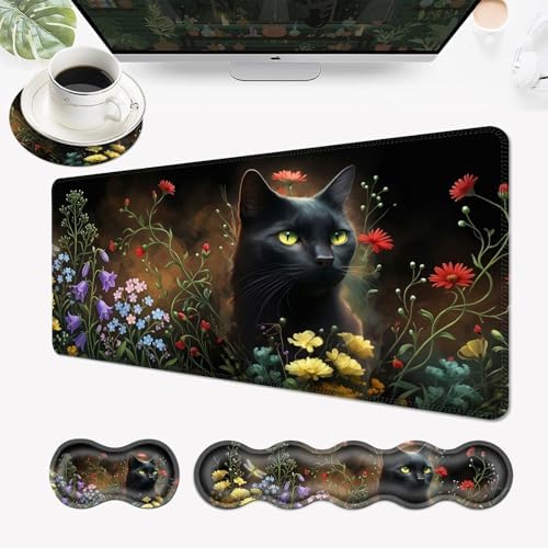 Desk Mat, Mouse Pad with Wrist Rest, 4-in-1 Large Mouse Pads for Desk, Ergonomic Mouse Pad and Keyboard Wrist Rest Gaming Keyboard Mat for Office,Black Cat by EFGWSDER