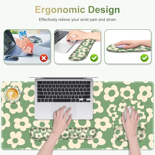 Large Mouse Pad with Wrist Support 4in1 Set, XXL Game Mousepad +Keyboard Wrist Rest+Mouse Wrist Rest+Coaster Ergonomic Design Gaming Mat for Home Office Table Computer I Vintage Groovy Flowers - Image 4
