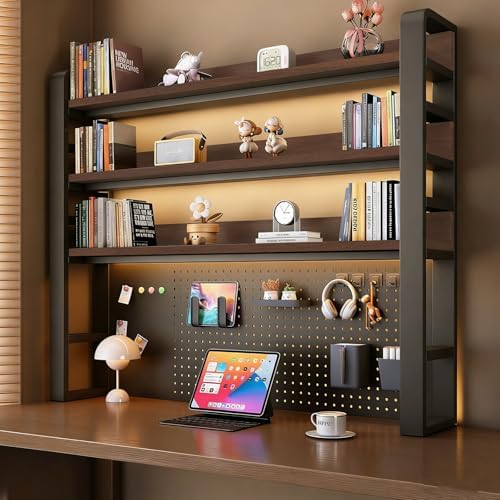 Desk Shelf - Includes a Pegboard and a Free 31-Piece Storage Accessory Set, Desk Hutch, Adjustable Hutch for Home Office Dorm (4-Tier Black Frame + Walnut Board 37.4×9.8×48.5") by Unknown