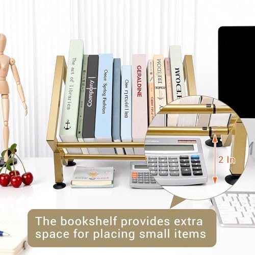 Expandable Desktop Bookshelf Organizer, Small Tabletop Book Storage Rack, Portable Mini Bookcase for Books/CDs/Magazine Display, Desk Shelf for Top of Desk in Living Room, Office, Home Decor (Gold) - Image 5