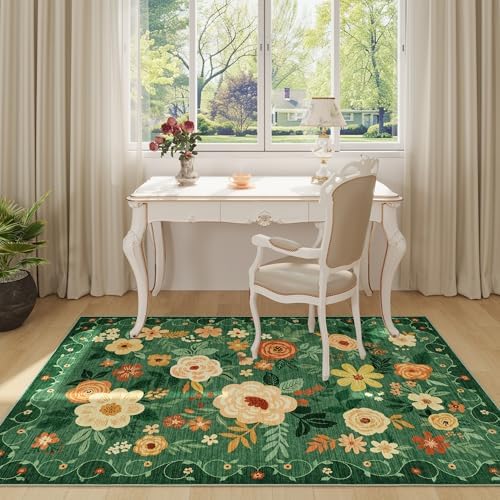 DUKINO 4x6 Area Rug, Floral Washable Office Chair Rug Non Slip, Dark Green - Image 3