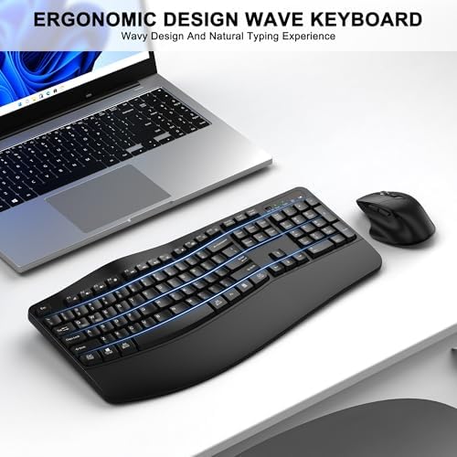 Wireless Keyboard and Mouse Combo, 2.4G Ergonomic Wave Keys(Black) - Image 2