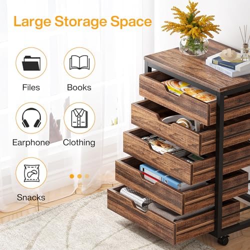 Tribesigns 5-Drawer File Cabinet, Wood Mobile Storage Drawer, Rustic Brown - Image 6