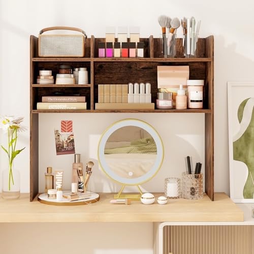 BECOMFORT Desk Hutch, Desk Organizer Shelf w/ 6 Storage Compartments, up to 32” Monitor, Wooden Display Rack, Desktop Bookshelf for Vanity Dressing Tabletop College Dorm Home & Office - Image 4