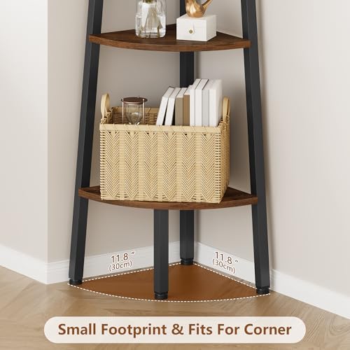 Hoctieon Corner Shelf, 3-Tier 40" Tall Corner Bookshelf, Rustic Ladder Shelf, Industrial Display Stand for Living Room, Kitchen, Home Office, Balcony, Small Space, Metal Frame, Rustic Brown - Image 4