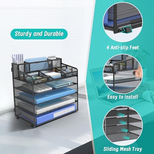 5 Tier Mesh Paper Desk Organizer with Pen Holders, Black - Image 4