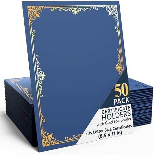 50 Pack Double Sided Certificate Holders 8.5x11 Blue - Heavyweight 300gsm Cardstock Diploma Holder - Dual Certificate Folder Letter Size Award Certificate for Graduation with Gold Foil Diploma Cover by Juzari