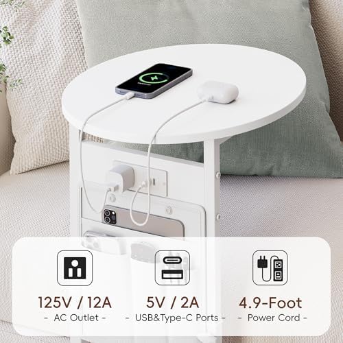 Vagusicc C Shaped End Table with Charging Station, 32" Tall Side Table for Couch and Recliner, Adjustable Height Small Couch Side Table Slide Under Sofa TV Tray Table for Living Room, Bedroom, White - Image 5