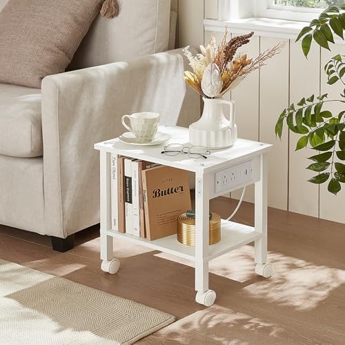 YUFAM 2 Tier Under Desk Printer Stand with Charging Station, White - Image 5