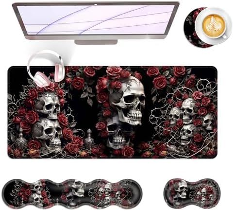 Large Keyboard Mouse Pad Set, Extended Mouse Pad+Keyboard Wrist Rest Support, Memory Foam Ergonomic Easy Typing, 4Pcs (31.5×11.8 in) Desk Pad Set for Office Home,Rose Skull by Unknown