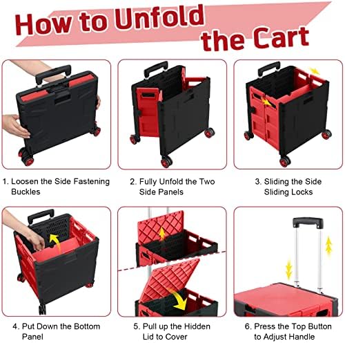 FELICON Folding Utility Cart Rolling Crate Handcart Basket Tote-Red+Black - Image 4