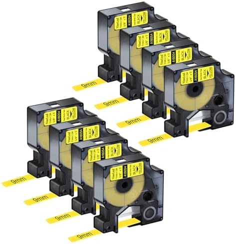 NineLeaf 8 Pack Compatible Labels Tape Replacement for Dymo 18054 3/8 inch Black on Yellow Heat Shrink Tube Labels 9mm x 1.5m for Wires and Cables Use in Rhino 4200 5200 5000 6000 3M Label Maker by NineLeaf