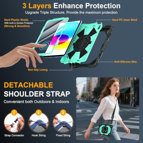 Case for iPad (A16) 11th/10th Generation 11/10.9 Inch 2025/2022, Ubearkk for iPad a16 case with Screen Protector, 360 Degree Rotating Stand Shoulder Strap Pencil Holder,Black Mint - Image 3