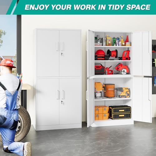 Metal Storage Cabinet with 3 Adjustable Shelves,White Storage Cabinet with Lock,71" Lockable Metal Cabinets with Locking Doors,Tall Steel Pantry Cabinets 4 Door for Home,Office,Garage,Bathroom,Kitchen - Image 2
