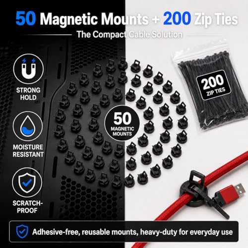 Magnetic Zip Tie Mounts 22mm, 50 Pack Cable Tie Mount Bases with 200 Zip Ties, Heavy Duty Cable Clips for Wire Management, Magnet Cord Holder Organizer for Desk, PC, Home Office - Image 7