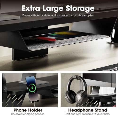 Fenge Dual Monitor Stand, Wooden Desk Shelf with Headphone & Phone Holder - Image 3