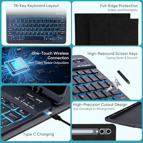 Keyboard Case for Samsung Galaxy Tab S10 Lite/S10 FE/S9 FE 5G 10.9"/S9,Mouse and 7 Color Backlit Keyboard,Pencil Holder, Magnetic Detachable,Premium PU Leather Cover with Auto Sleep/Wake,Black - Image 3