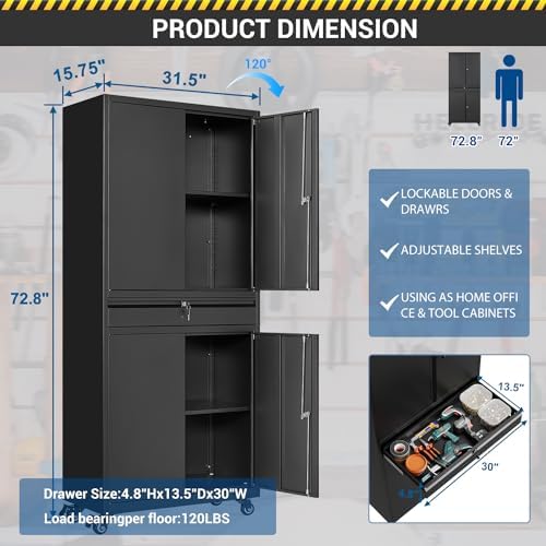 Fesbos 73" Metal Cabinet-Black Heavy Duty Rolling Storage Cabinet Steel Tool Cabinets with Wheels, Shelves, Lockable Doors and Drawers- for Garage, Pantry, Warehouse Home Office- Assembly Required - Image 2