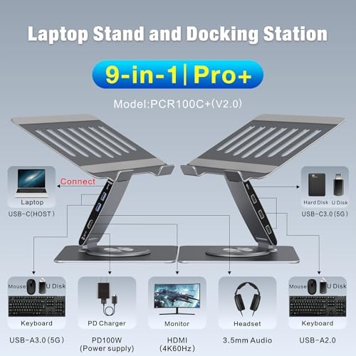 Adjustable Laptop Stand for Desk with Docking Station 9-in-1, Aluminum Laptop Riser with USB Hub, 360° Swivel, Dual Display 4K60Hz HDMI, 3 USB3.0, 100W PD Charging, for MacBook Pro Air/Dell/HP 7-15.6" - Image 4