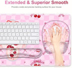 Cute Check Mouse Pad with Wrist Support 4 in1 Set, XXL Big Game Mousepad + Keyboard Wrist Rest + Mouse Wrist Rest Pad +Coaster Gaming Mat for Work Study Home Office I Pink Cherry & Bow Dream - Image 4