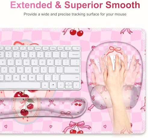 Cute Check Mouse Pad with Wrist Support 4 in1 Set, XXL Big Game Mousepad + Keyboard Wrist Rest + Mouse Wrist Rest Pad +Coaster Gaming Mat for Work Study Home Office I Pink Cherry & Bow Dream - Image 4