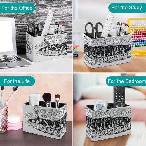 PU Leather Multi-Compartment Pen Holder Desktop Organizer Pencil Cup Storage Caddy for Office Home Supplies Hand Drawn Vintage Label with Mountains Forest And Lettering - Image 4