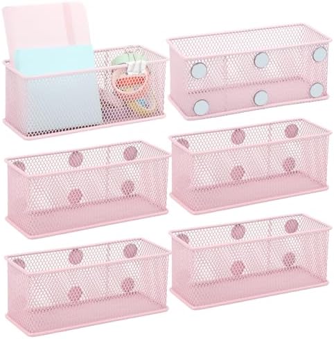 EASEPRES Magnetic Pencil Holder Set of 6 - Wire Mesh Storage Baskets Organizer with Strong Magnets - Perfect for Whiteboard, Refrigerator and Locker Accessories, Pink by EASEPRES