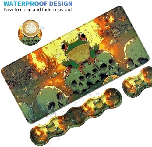 4Pcs Memory Foam Keyboard Wrist Rest Desk Mat Set, Flaming Frog Skull - Image 4