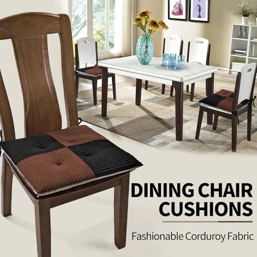 Office Stacking Chair Cushions 4 Pack, Corduroy High Density Foam Kitchen Seat Cushions with Ties, Square 17" x 17" Indoor Non-Slip Dining Chair Pads, Black+ Brown, 4pcs - Image 6
