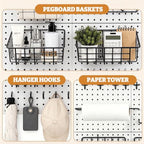 24PCS Pegboard Accessories Organizer Kit, Dual-Lock Pegboard Hooks with Locking Pins, 2 Wire Storage Baskets, Paper Towel Holder, 6-Hook Rack, Heavy Duty Steel Pegboard Storage Organizer, Black - Image 2