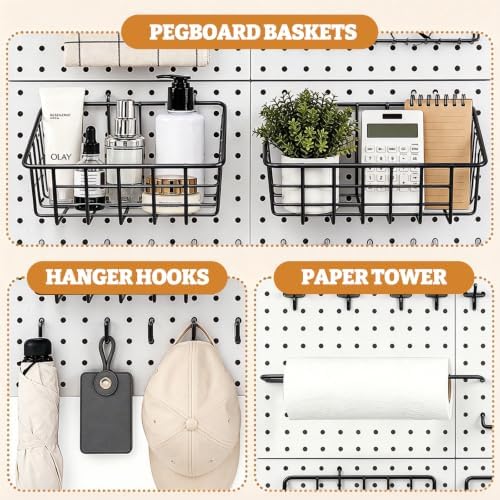 24PCS Pegboard Accessories Organizer Kit, Dual-Lock Pegboard Hooks with Locking Pins, 2 Wire Storage Baskets, Paper Towel Holder, 6-Hook Rack, Heavy Duty Steel Pegboard Storage Organizer, Black - Image 2
