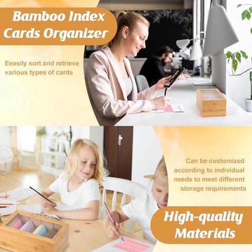 Bamboo Index Card Organizer - 3x5 Index Card Holder Box With Dividers - Wood Recipe Box With Lid - 4 Compartments For 1200 Cards - 5.9"W x 10"D x 4"H - Image 6