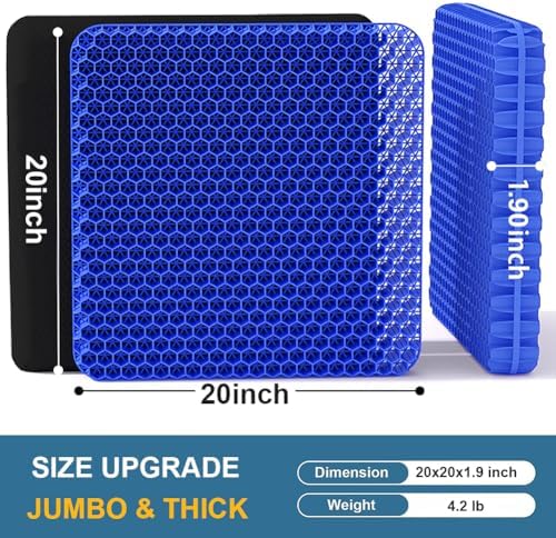 Gel Seat Cushion, Jumbo&Thick Gel Cushion with Non-Slip Cover for Home Office Car Seat Wheelchair, Soft Breathable Honeycomb Chair Pads for Relieve Hip Pain, Blue 20x20x1.9inch - Image 2