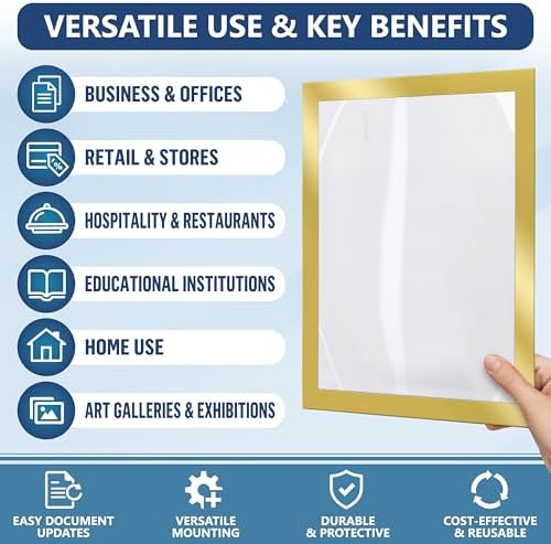 12 Pack Magnetic Sign Holder 8.5 x 11 with Adhesive Back - Gold Magnetics Poster Frame & Magnetic Paper Holder - Reusable Adhesive Frames 8.5x11 - Magnet Frame for Wall Windows - Magnet Document Holders - Image 4